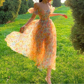 Summer Floral Design Elegant Midi Dresses Women Office Lady One Piece Dress Korean Short Sleeve Vintage Beach Strap Dress